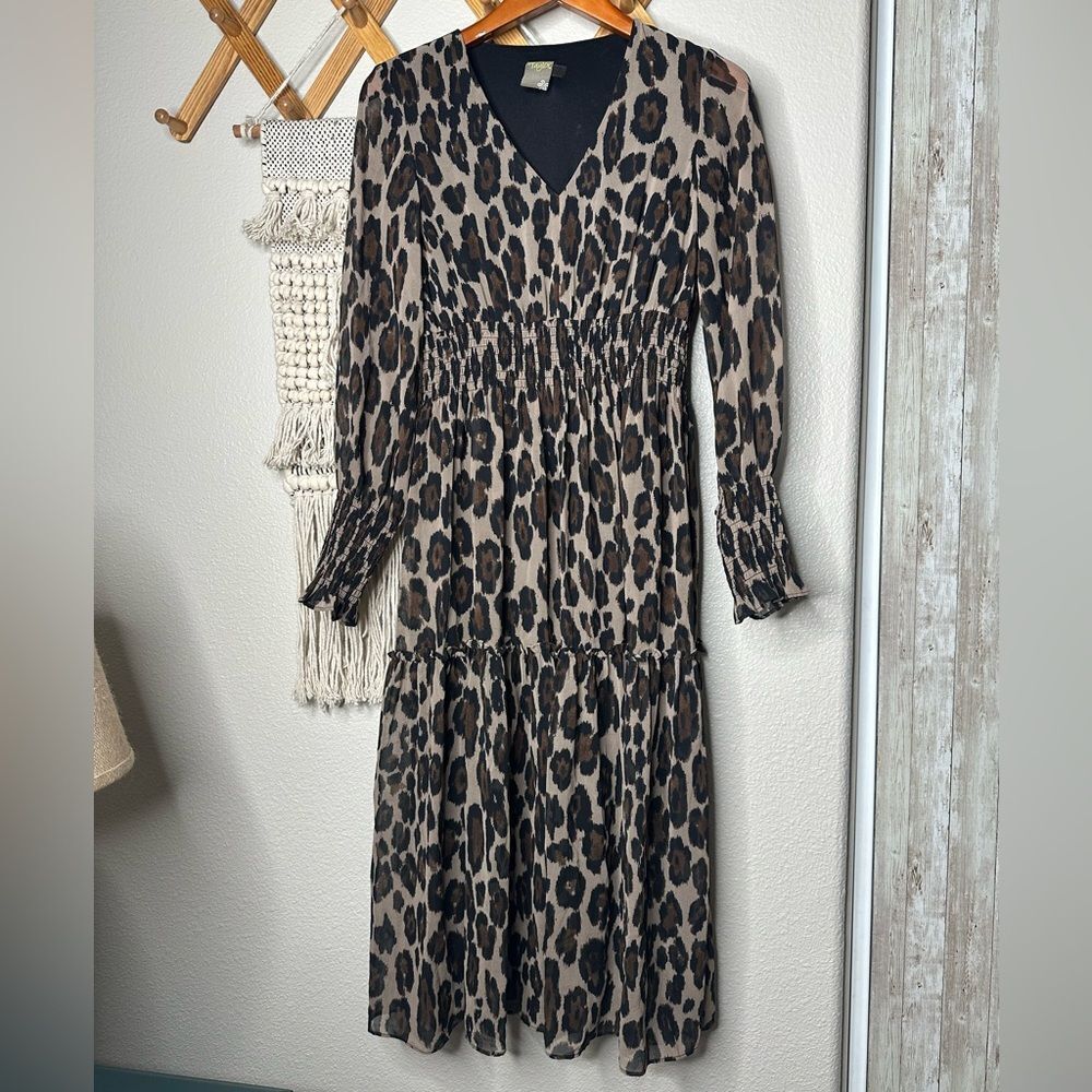 Taylor Leopard Print V-Neck Midi Dress (Size 2)
